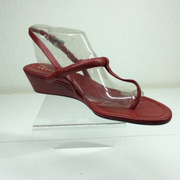 PRADA RED LEATHER WEDGE SANDALS - Picture 3 of 14